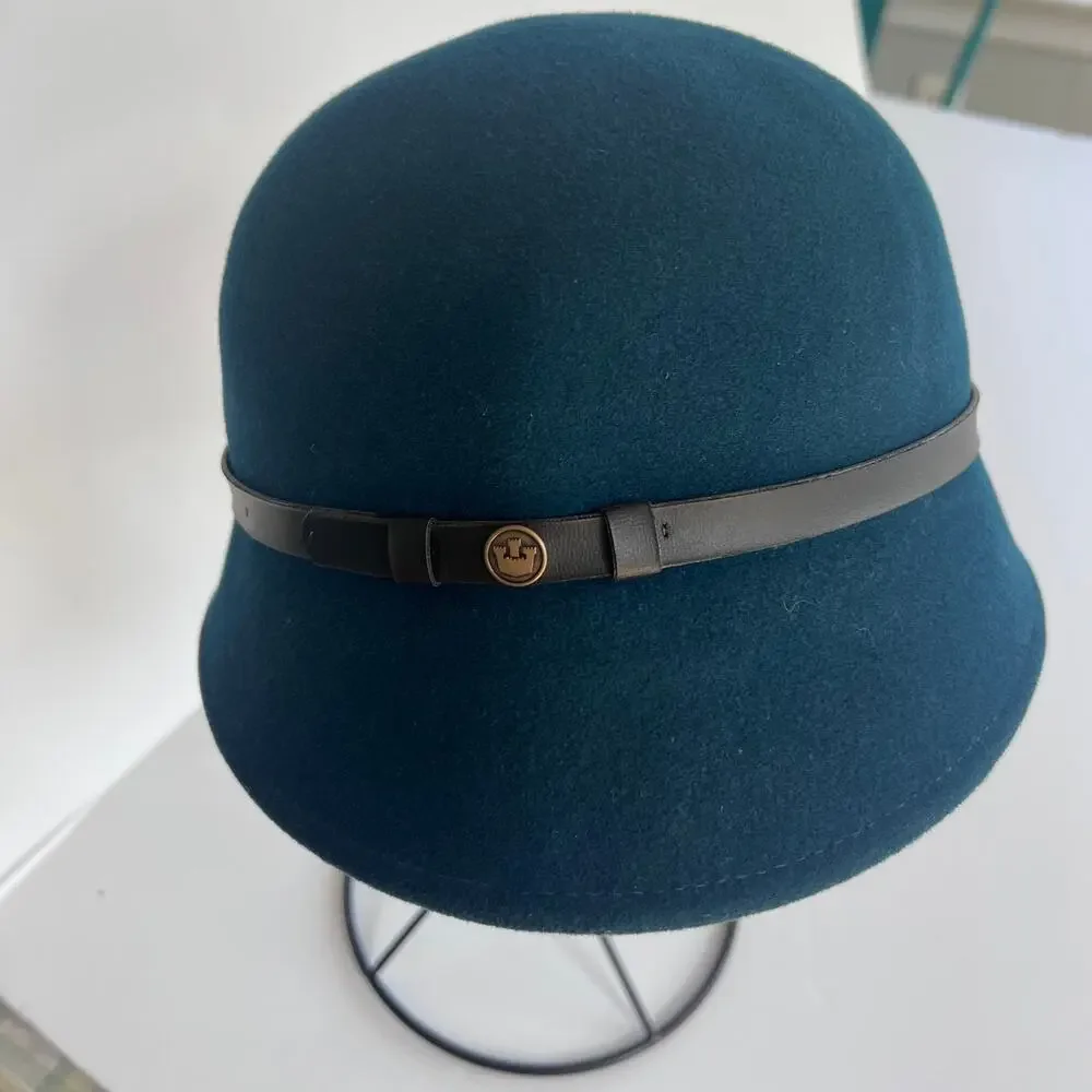 Goorin Bros 100% Wool Cloche Hat Medium Teal Blue Made in USA Leather Band